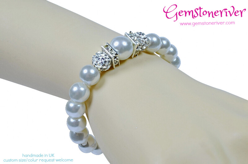 Stylish White Pearl Sparkling Crystal Bangle Bracelet Bridesmaid Bridal Custom Gift