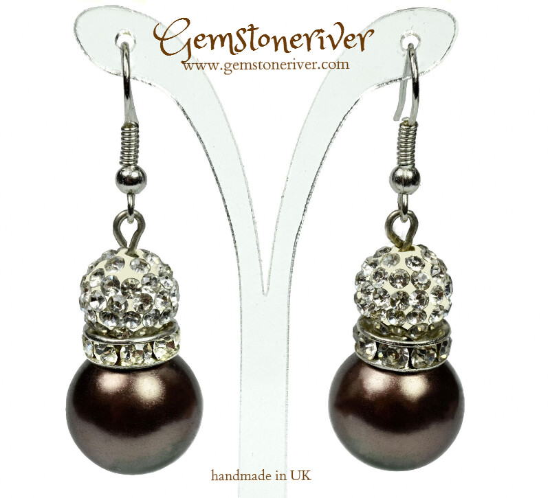 Sparkling crystal & brown pearl ball drop earrings | Gemstoneriver® - bridesmaid wedding birthday gifts UK