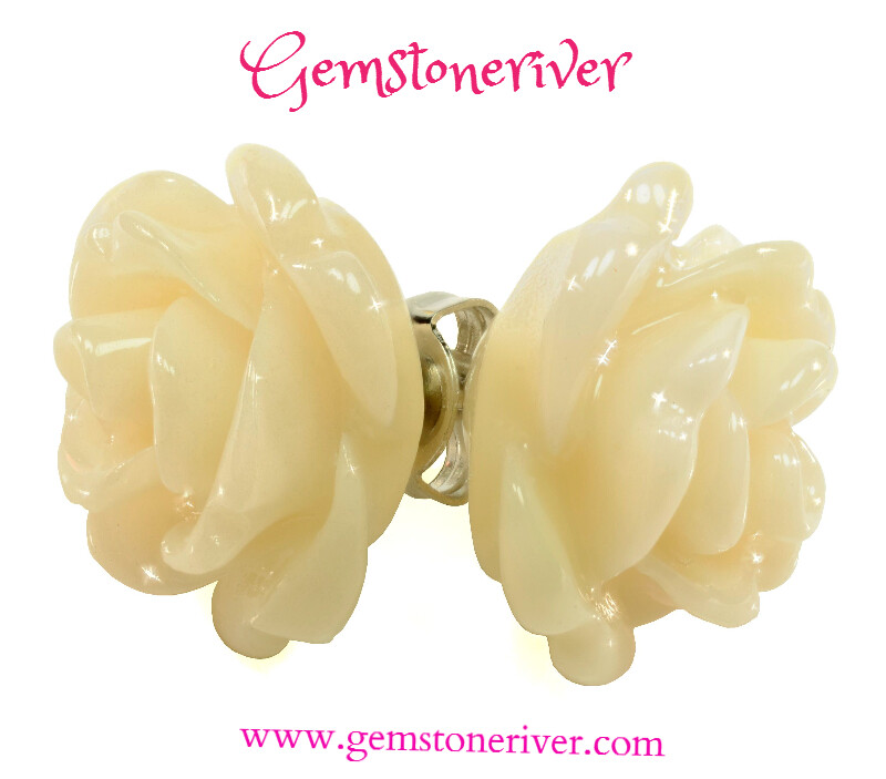 E279 Rose carved stud earrings Ivory Cream White & 925 Silver | Gemstoneriver® Dawn