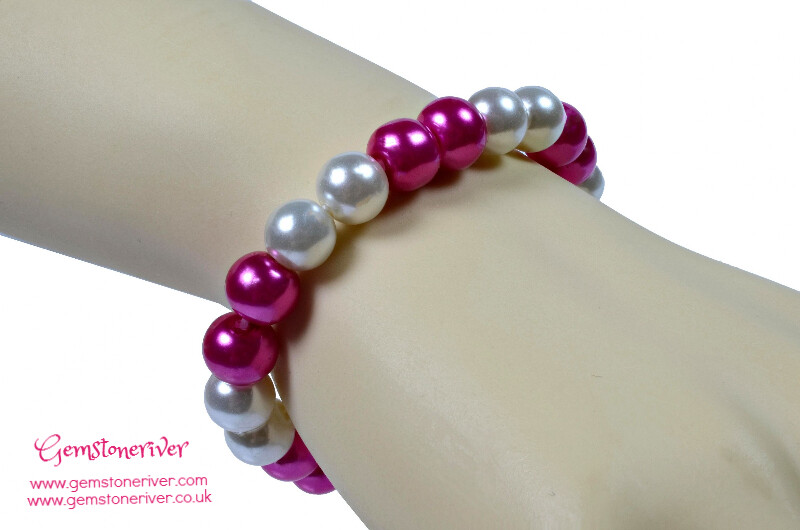Stylish Cerise hot pink & Cream Ivory White Pearl Bracelet |Bridesmaid Wedding Birthday Gift | choose charms UK