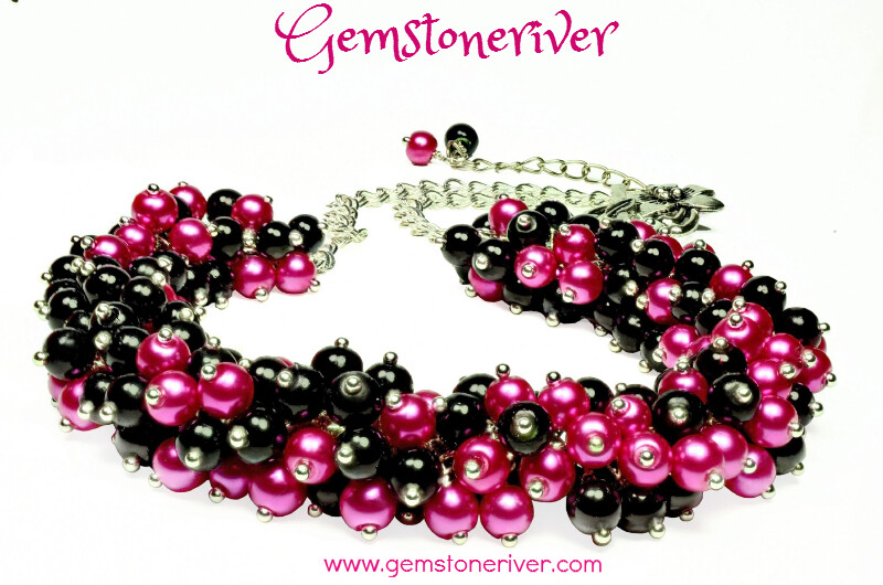 N60 Cerise hot pink fuchsia & Black pearl cluster bib necklace earrings set romantic gifts Designer Jewelry UK Gemstoneriver