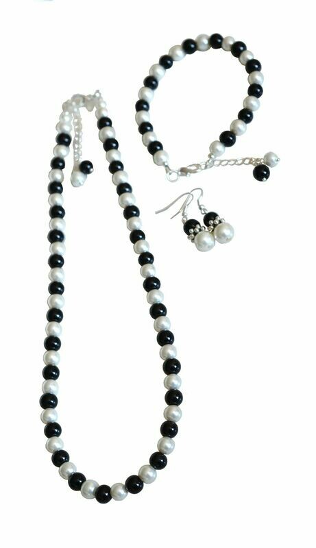 N127 custom order Julia V - XL Black & Ivory Cream Pearl Necklace & Earring Set -