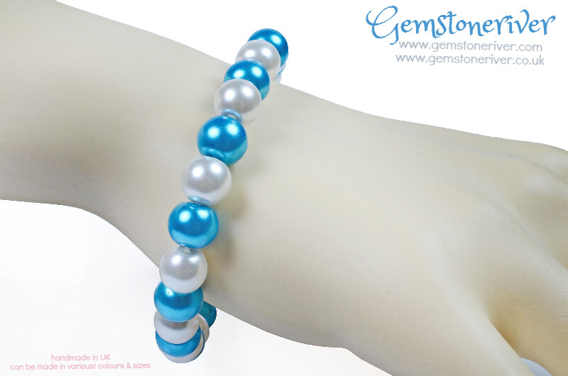 B294 Stylish blue cyan & ivory cream white pearl bracelet | Bridesmaid Birthday Wedding Maid of Honour Charm | choose charms UK