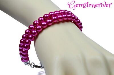 2pc Cerise Fuchsia hot pink pearls flexible Bracelet & Earrings double strand cuff