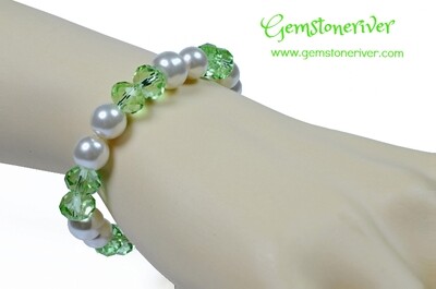 B69 Green sparkling Crystal & White Pearl Bracelet | Bridesmaid Wedding Birthday Gift | choose charms Gemstoneriver UK