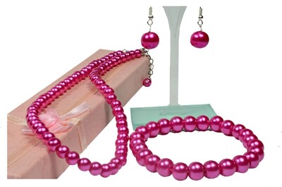 Cerise Pink Fuchsia Necklace Bracelet Earrings Pearl Earrings set