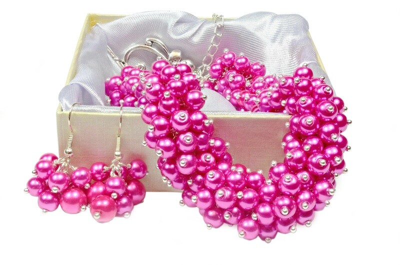 Custom order for Kerri - Cerise Hot Pink Fuschia Pearl Cluster necklace, Bracelet & Earring Set