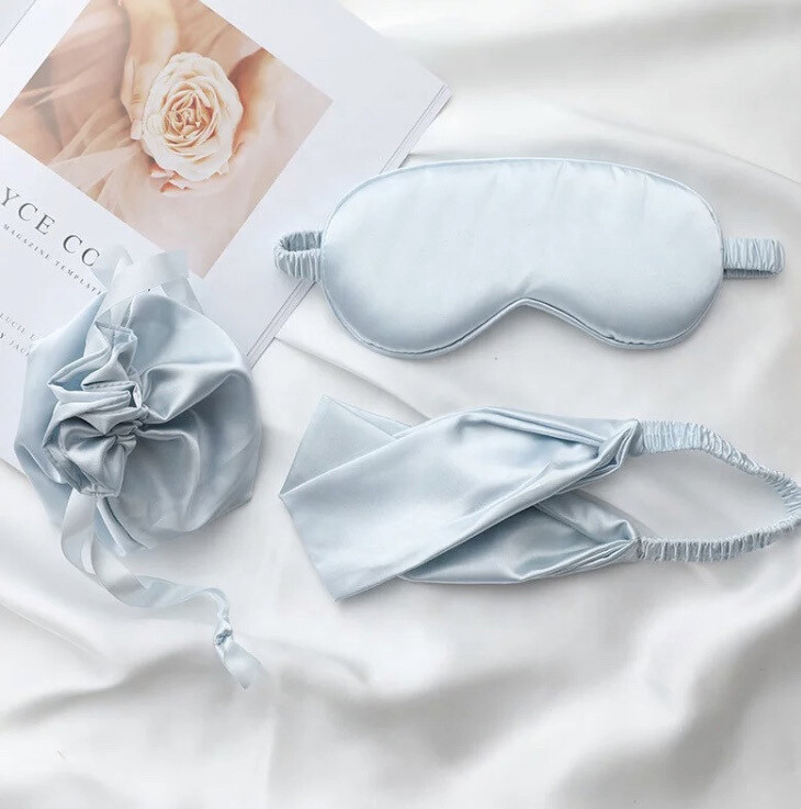 3pc ​blue silk satin eye mask, headband &amp; gift bag set