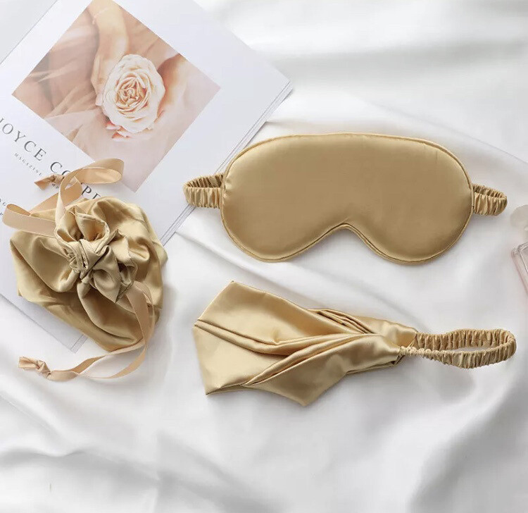 3 pc gold Premium silk eye mask headband & gift bag - glamorous gold blindfold set UK bridesmaid Mother