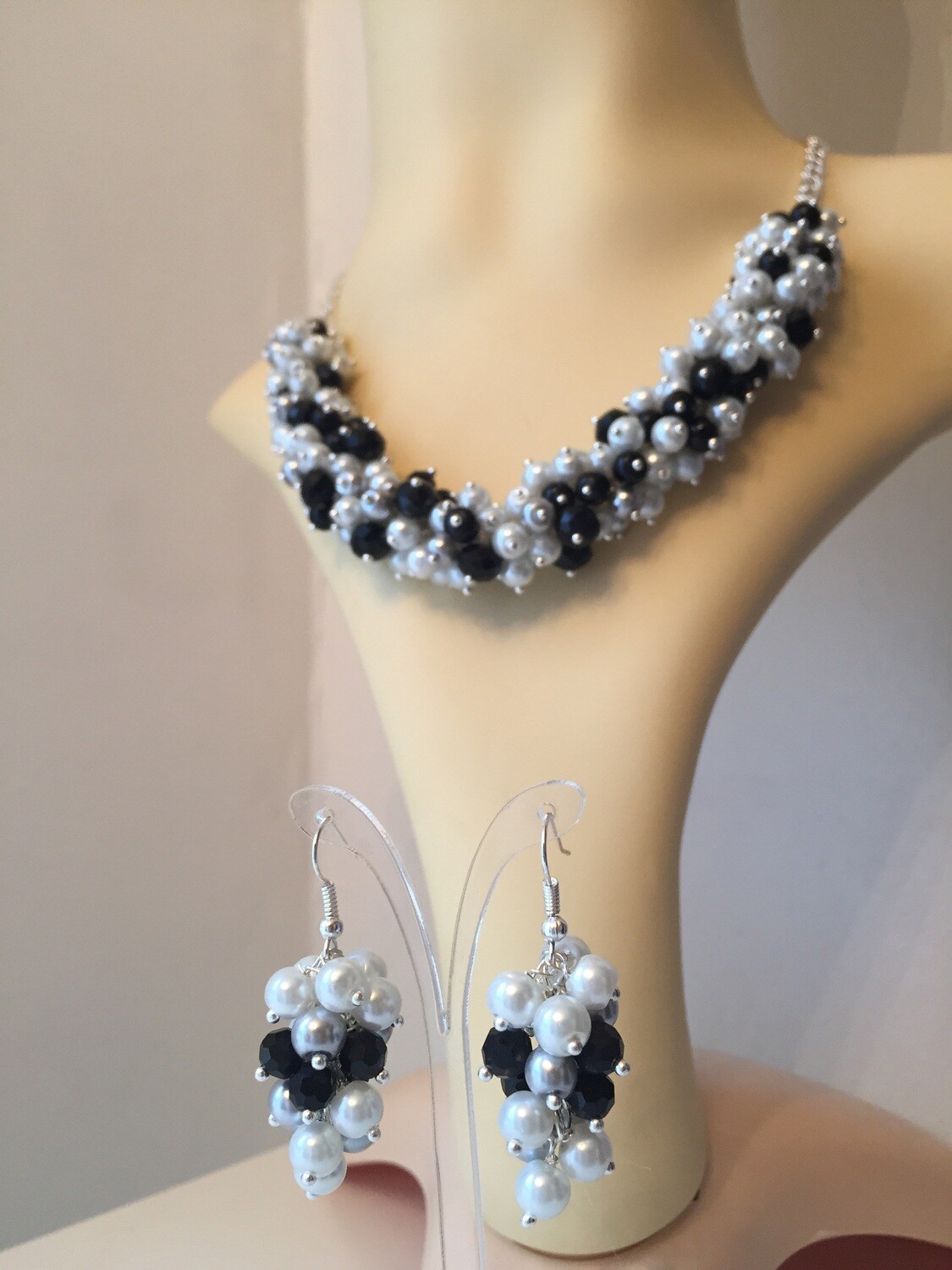 Grey White Pearls & Black Fire Crystal Necklace