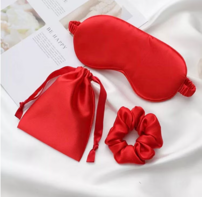 3pc red silk blindfold sleeping mask bag & scrunchie gift set