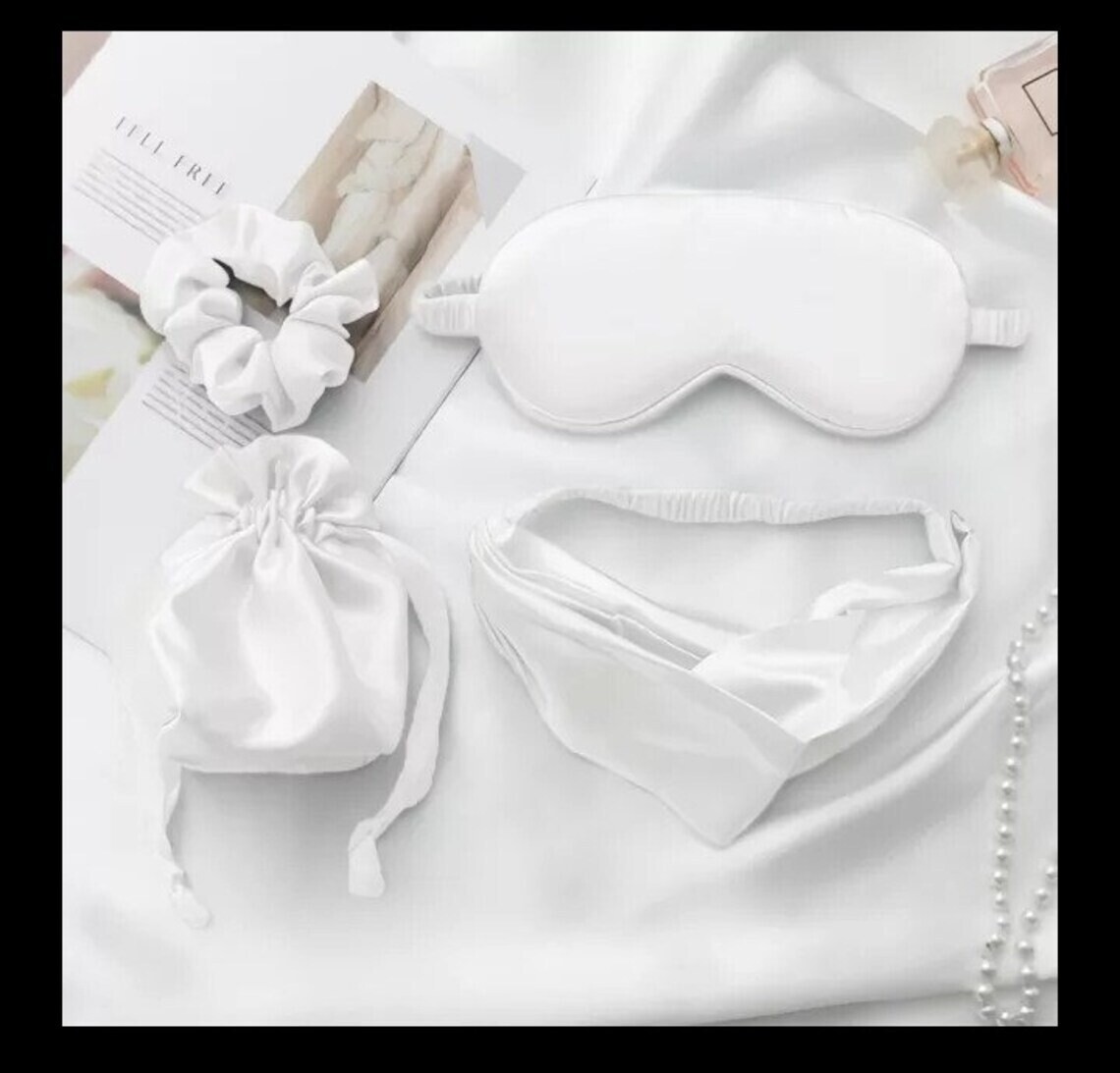 3 pc white premium silk eye mask headband & gift bag - glamorous Christmas Valentine gift UK