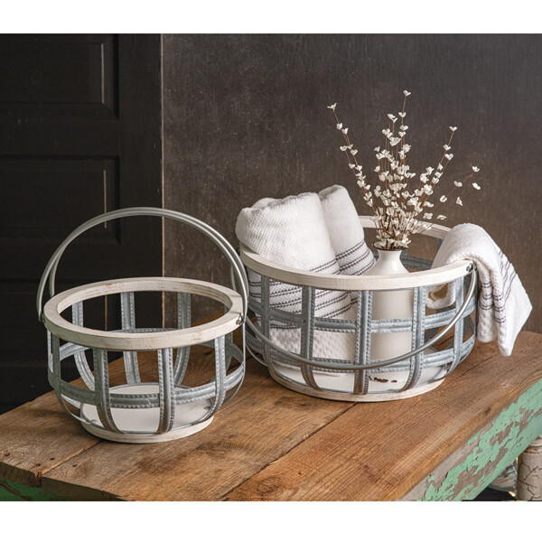 Lg Round Wood & Metal Storage Basket