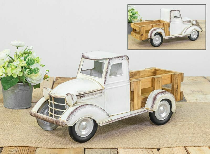 White Truck w Wood Truck Bed
