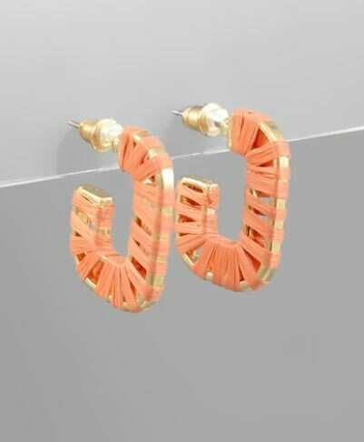 Coral Raffia Wrapped Rectangle Open Hoops