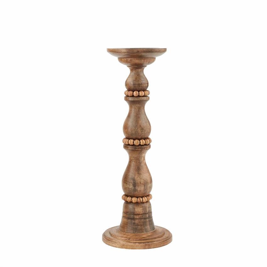 Sm Brown Beaded Wood Candlestick