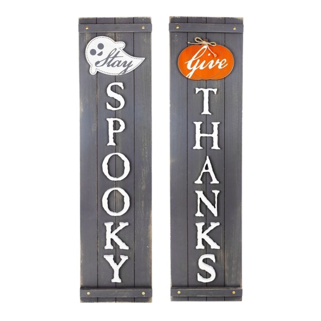 Grey Give Thanks/Spooky Reversible Wood Sign