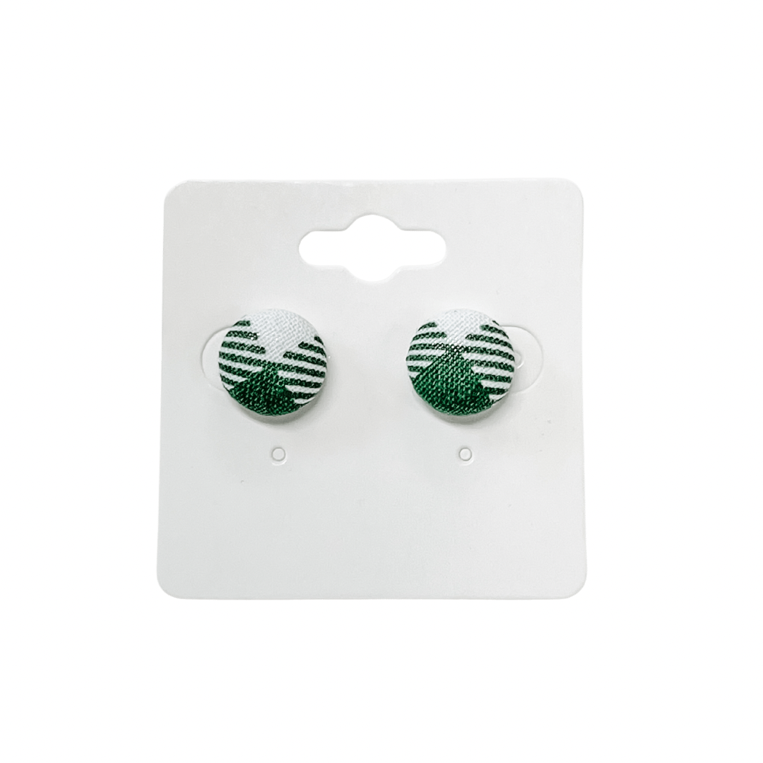 Green & White Fabric Button Earrings