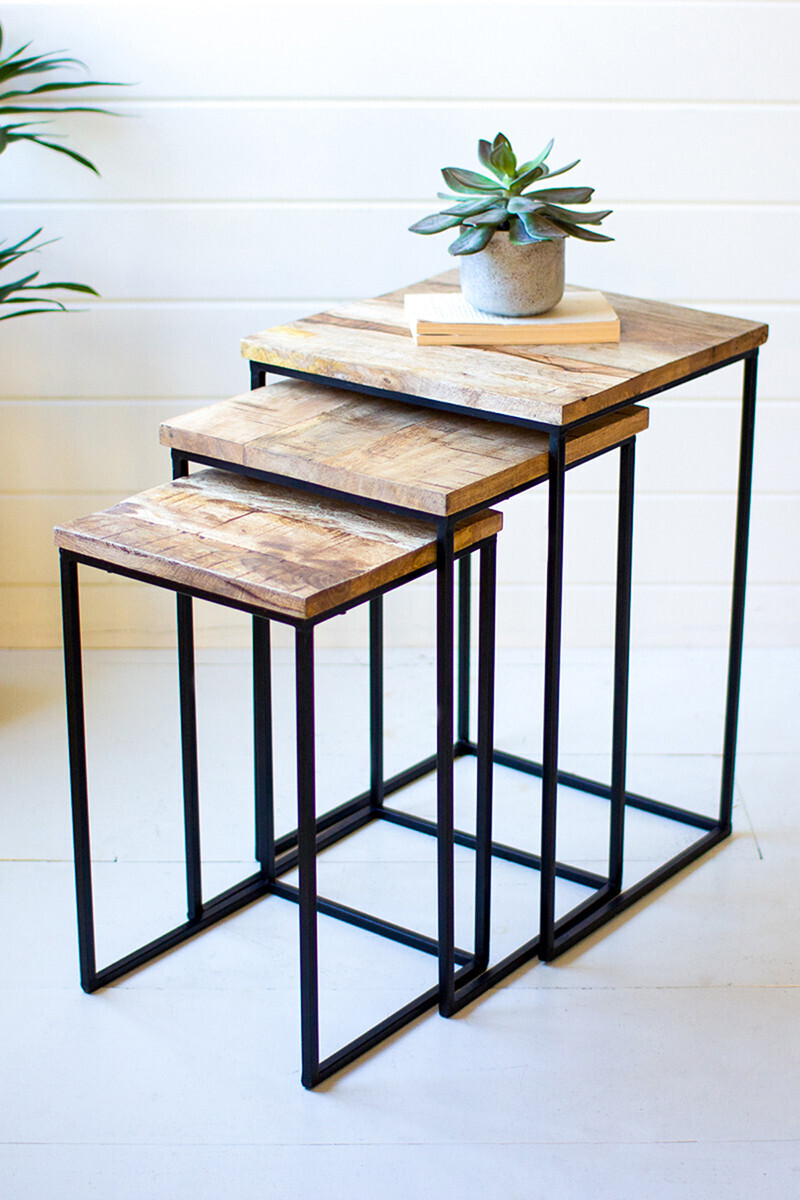 Set Of 3 Nesting Square Wood & Iron Side Tables