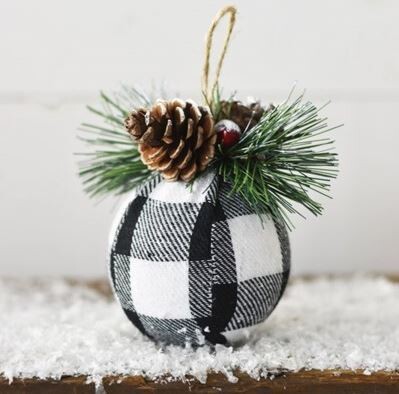 Black & White Plaid Pinecone Ball Ornament