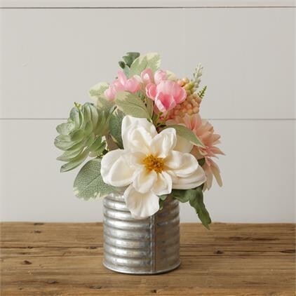 Tin Potted Pink & White Flowers