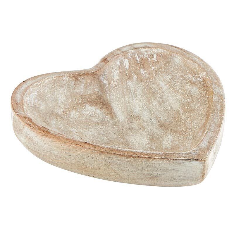 Sm White Washed Wooden Heart Tray