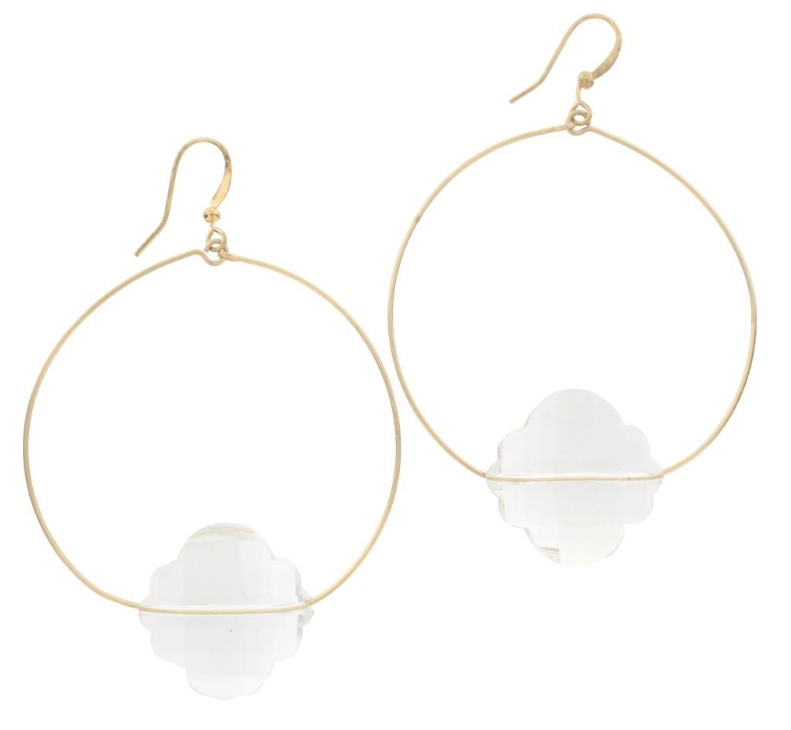 Gold Wire Hoop Quatrefoil Crystal Earrings