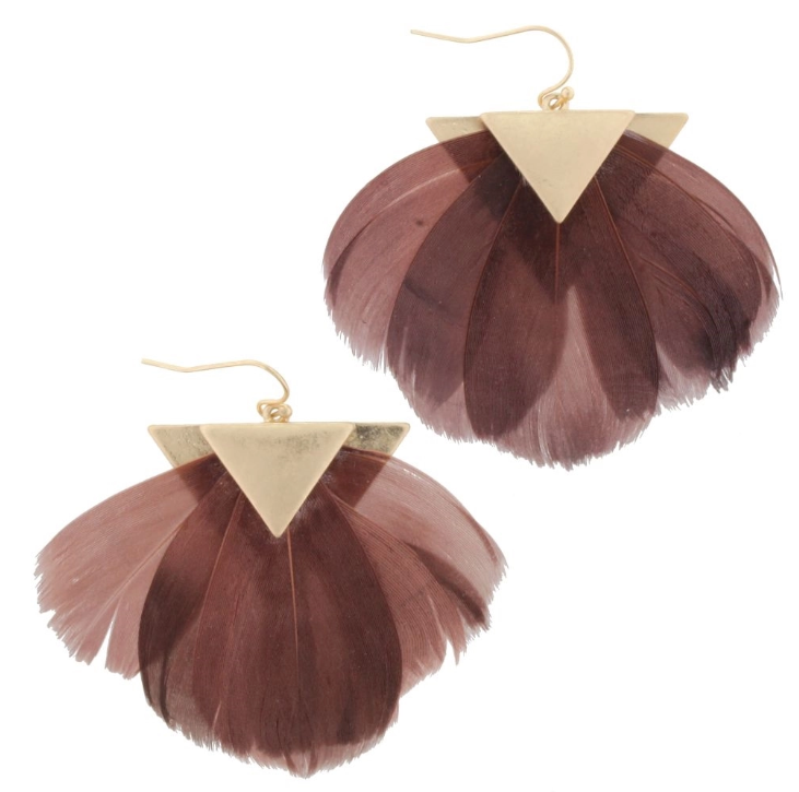 Gold Triangle Brown Feather Earrings