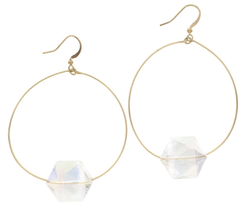 Gold Wire Hoop Hexagon Crystal Earrings