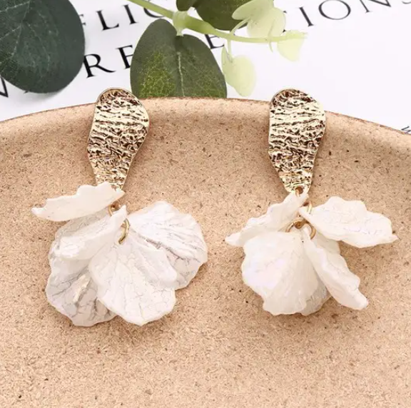Gold & White Flower Earrings