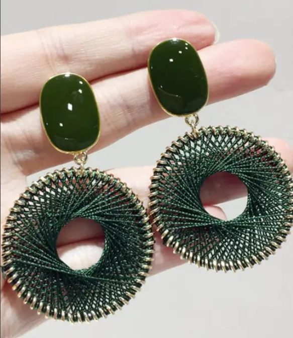 Dark Green Woven Hoop Earrings