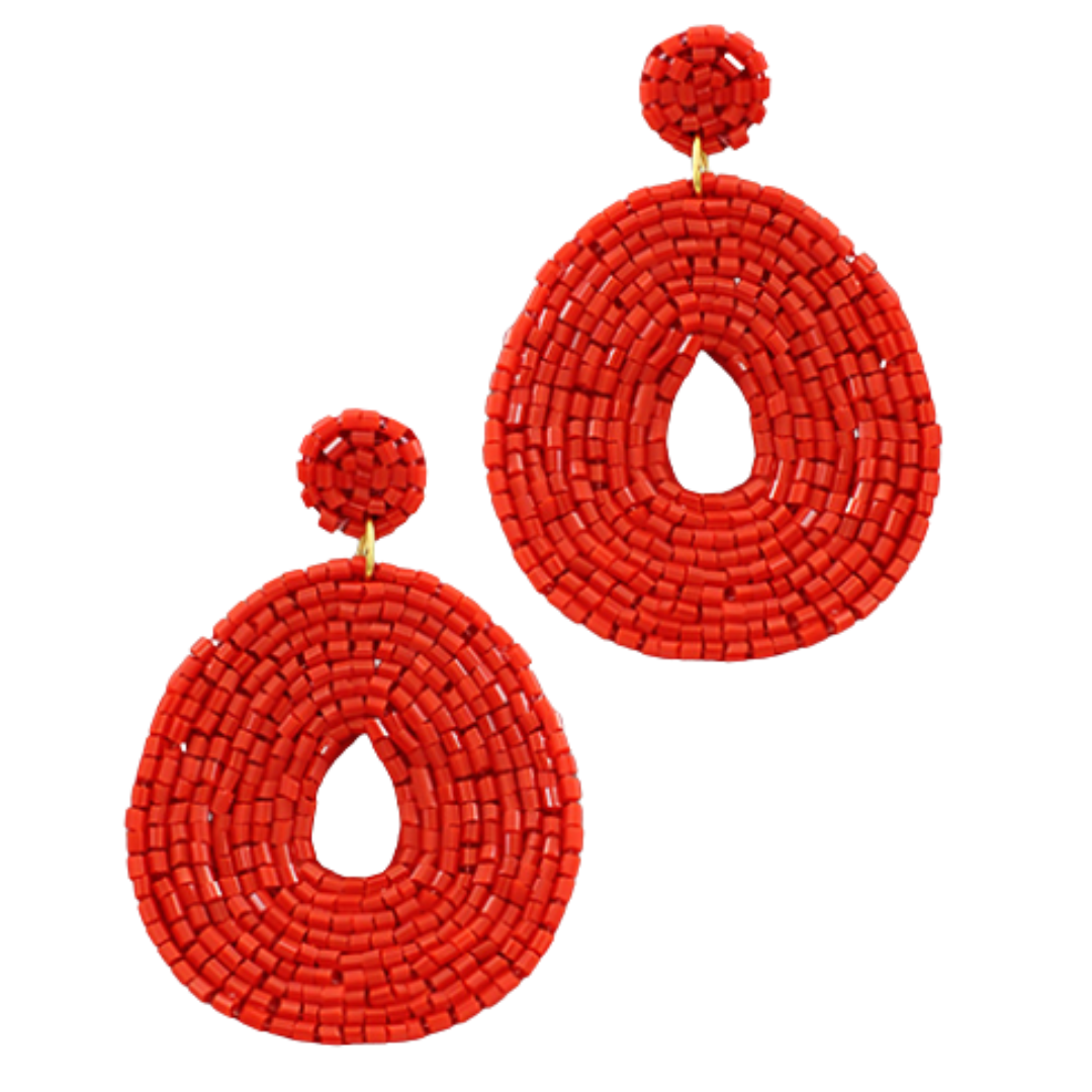 Red Bead Wide Oval Earrings