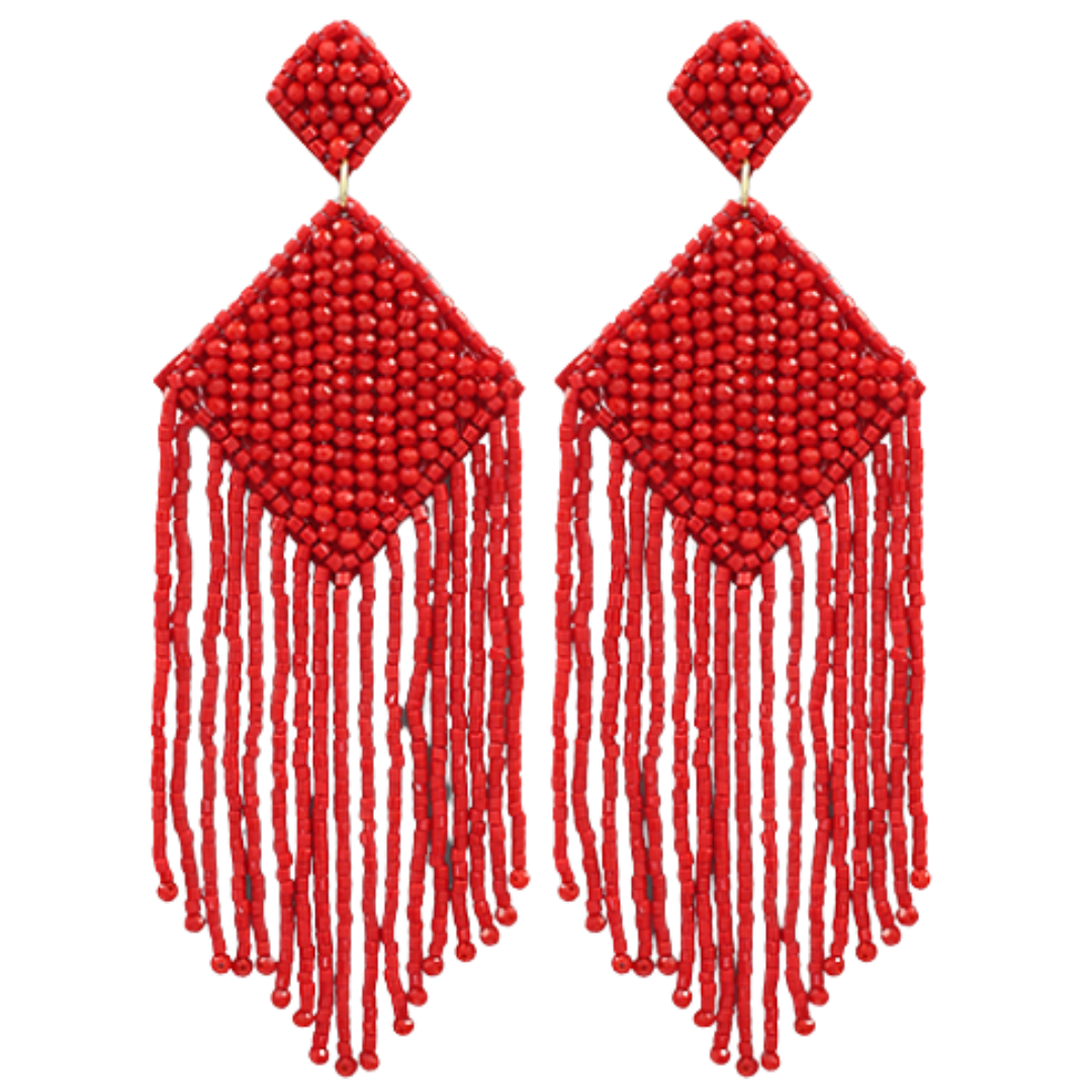Red Beaded Rhombus Tassel Earrings