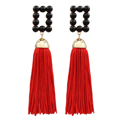 Black Rectange Red Tassel Earrings