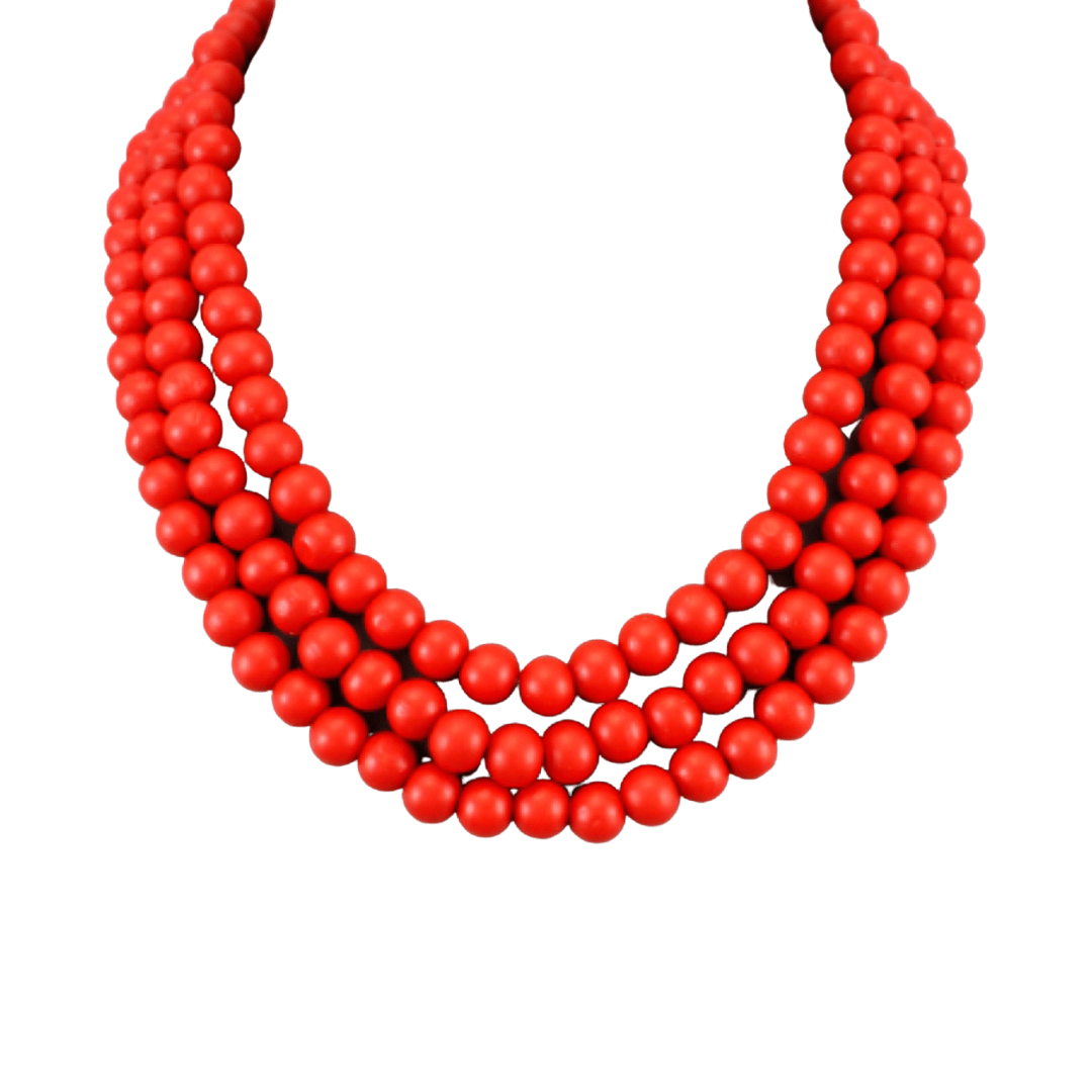 Triple Strand Red Wood Bead Neacklace