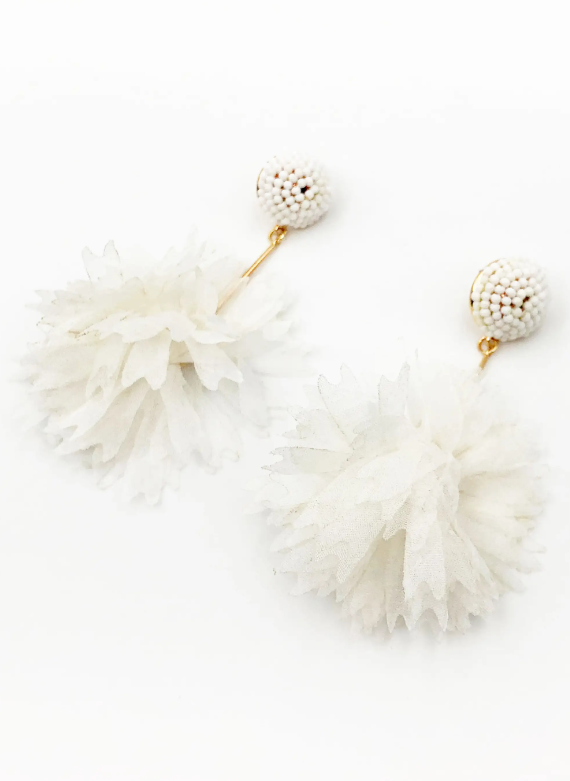 White Flower Ball Boho Earrings