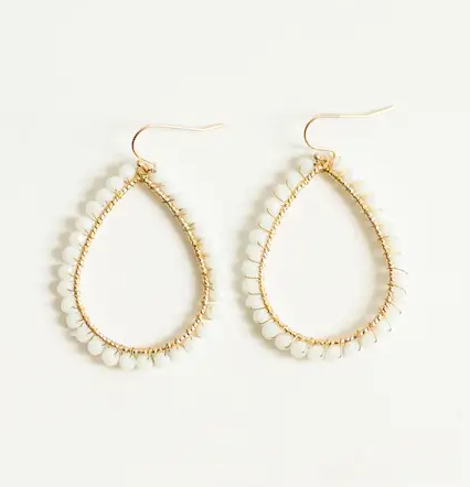 White & Gold Beaded Teardrop Earrings