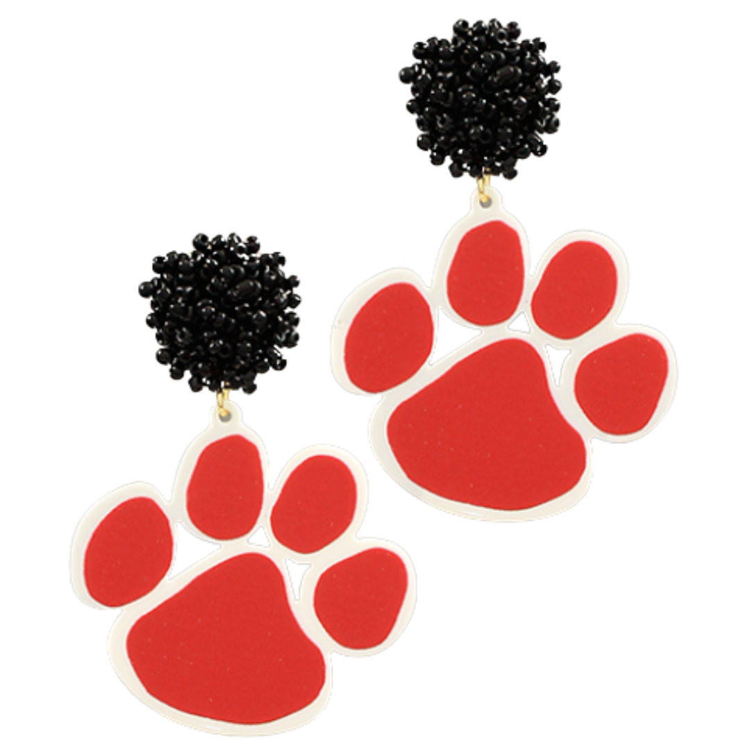 Black Pom Red Paw Earrings