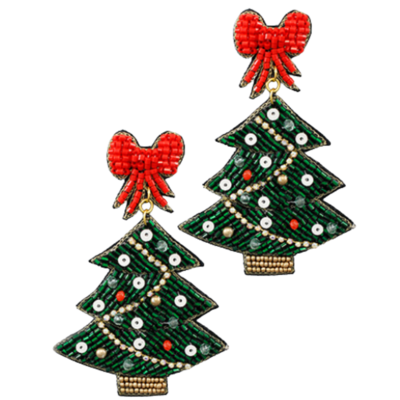 Ribbon & Christmas Tree Beaded Earrings