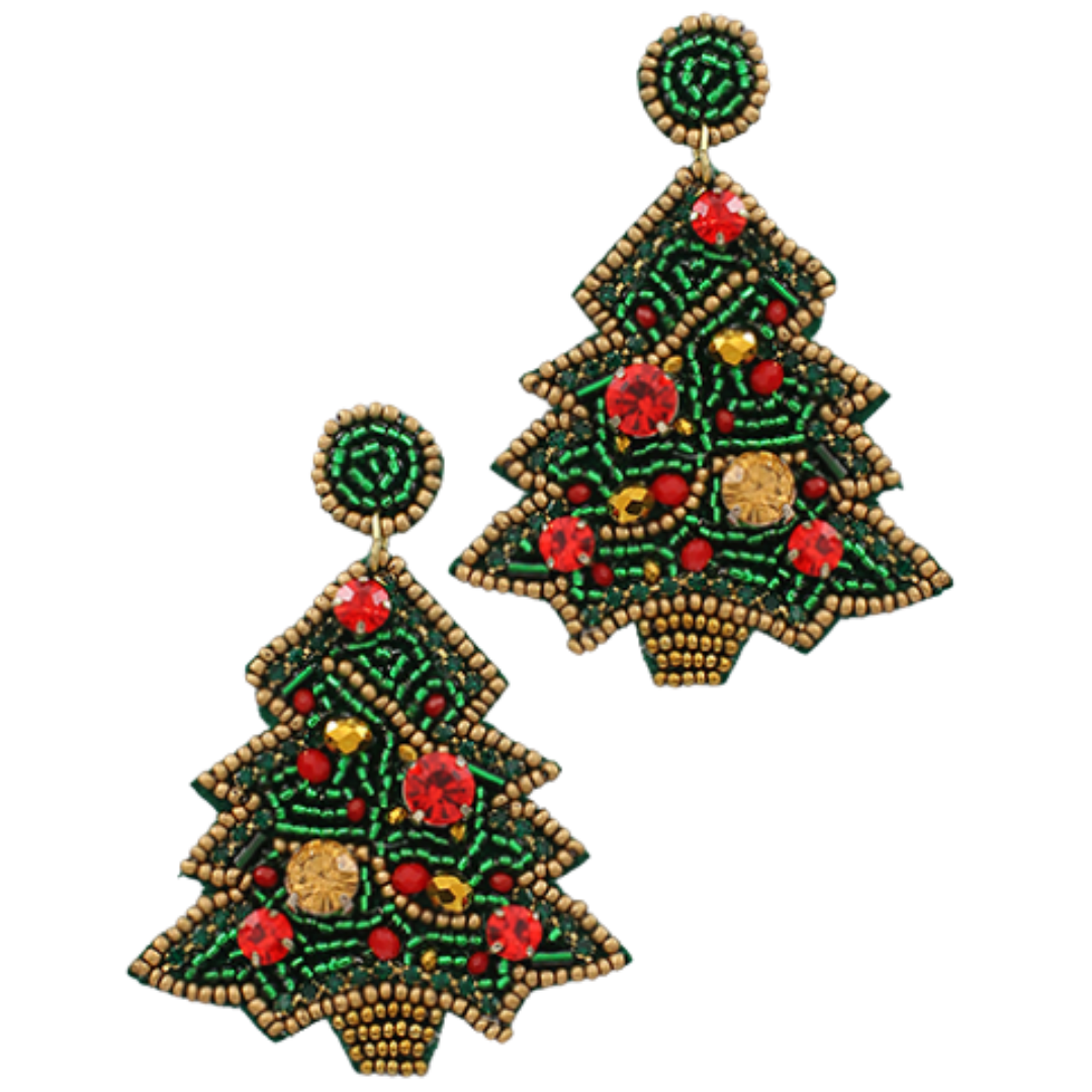 Beaded Christmas Tree Earrings W/ Crystals