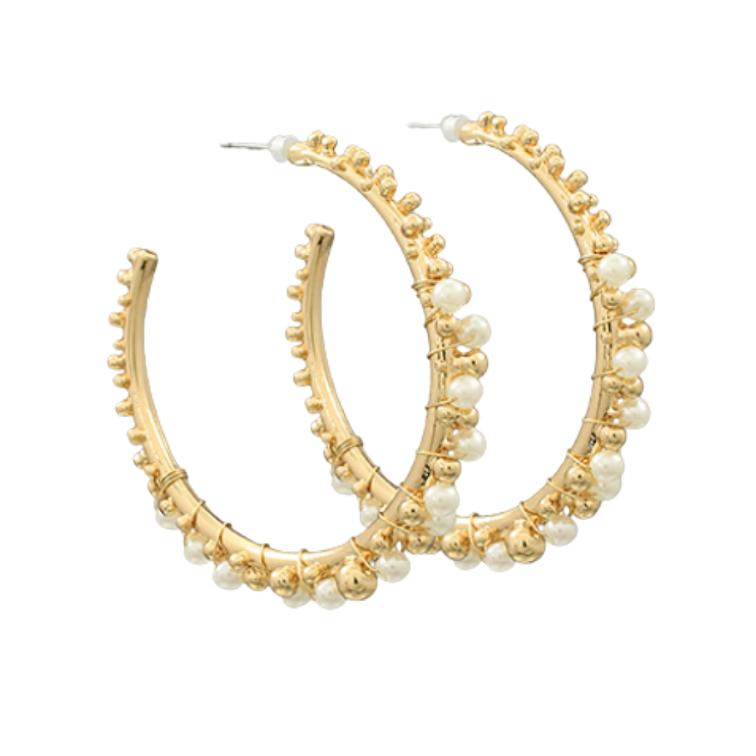 Gold Pearl Beaded Hoops