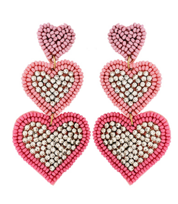 Pink Seed Bead Rhinestone Heart Earrings