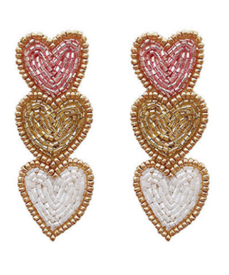 3 Beaded Pink Heart Earrings