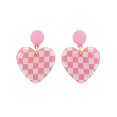 Pink Check Patterned Heart Earrings