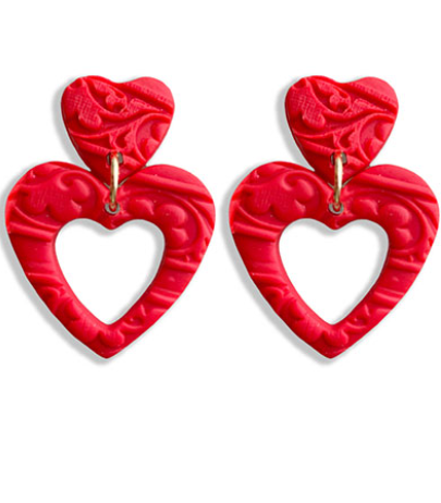 Textured Red Clay Heart Earrings