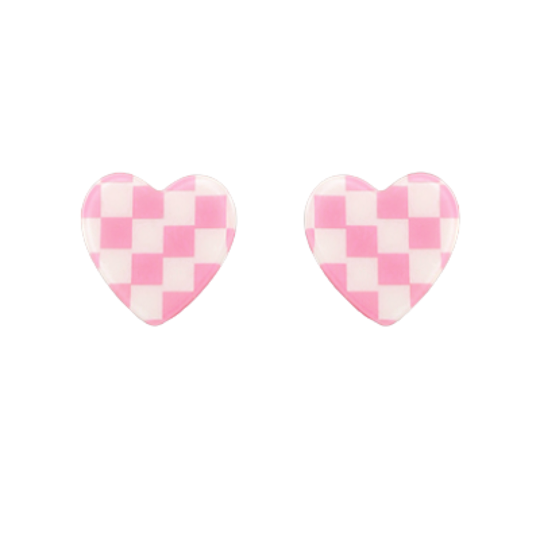 Pink Check Patterned Heart Studs