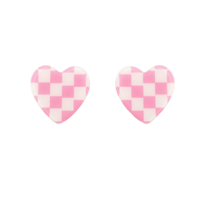 Pink Check Patterned Heart Studs