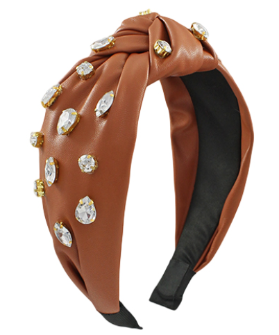 Brown Faux Leather Jeweled Headband