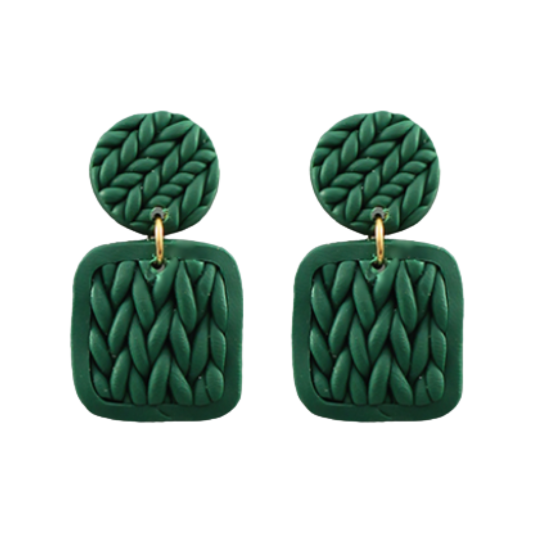 Green Square Knitted Earrings