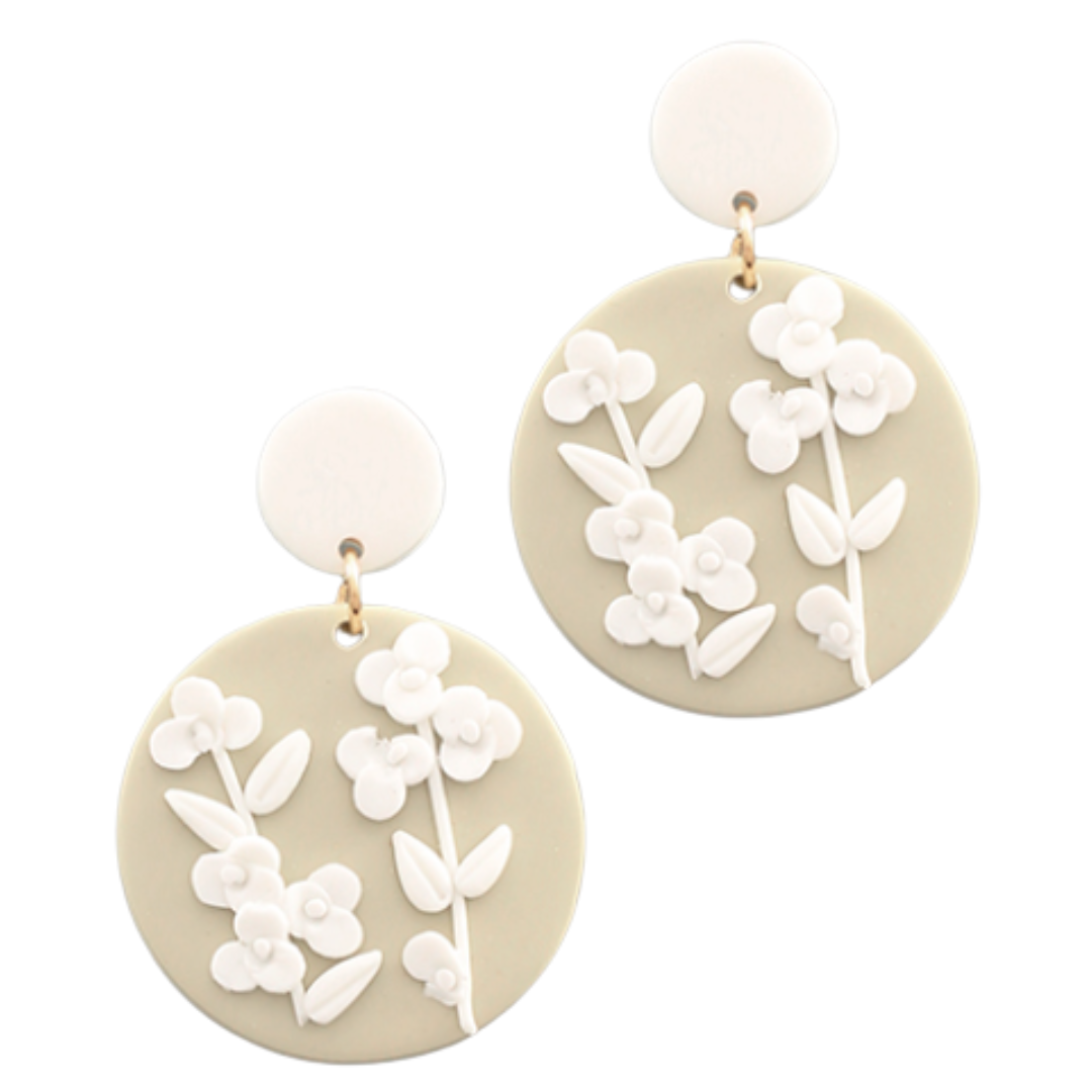 White Flower Circle Earrings